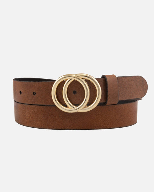 Amsterdam Heritage Belts, Bags, Apparel, Jackets - Caia | Double Ring Leather Belt with Gold Buckle: Cognac / S-85